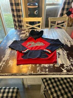 Polo Ralph Lauren Script Spell Out Colorblock Hoodie Red Navy Blue Men's Size Me